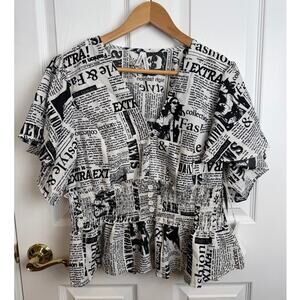 Women’s Newspaper Print Peplum Top XL Black White Smocked Waist Artsy Maximalist